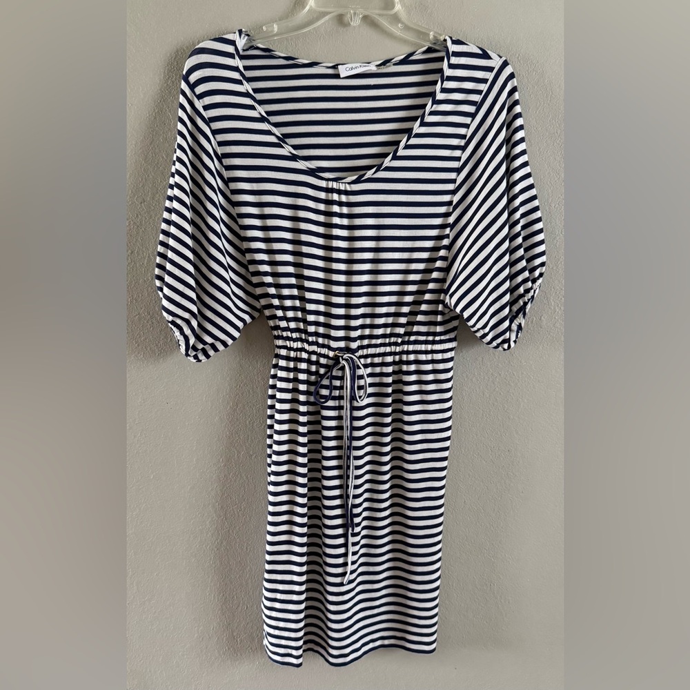 Calvin Klein Women's Nautical Navy & White Stripped Dress Size 2 Elastic Waist